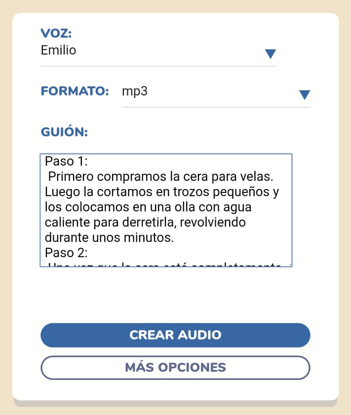 Pantalla de la herramienta de texto a voz utilizada para generar la narración